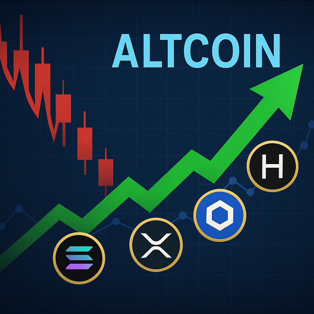 Digital crypto screen with altcoin logos and market recovery arrows after a sharp decline