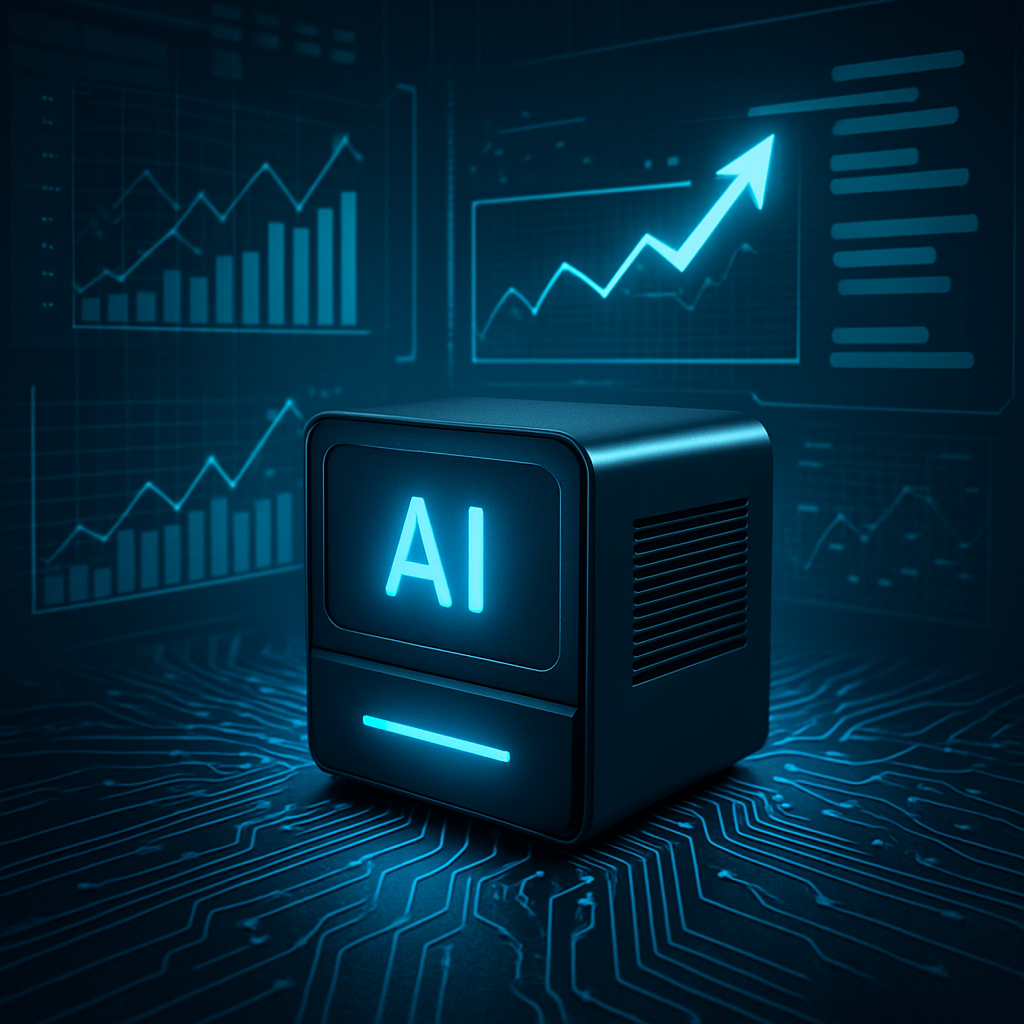 Compact AI desktop device connected to data visualizations and circuit grid imagery, representing DGX Spark capabilities